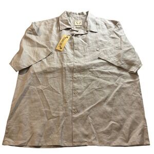 Paradise Coves Mens XL Linen Short Sleeve Button Up Shirt Tan Beige Camp Collar